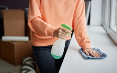 Individual cleaning a tabletop with disinfectant in a bright home maintaining a neat space.