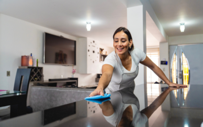 Residential cleaning team polishing a modern kitchen island in a Windermere home.